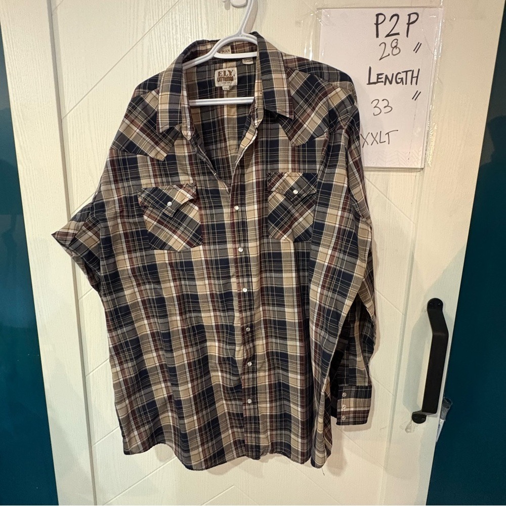 Ely Cattleman Plaid Western‎ Pearl Snap Shirt Mens XXLT Tall Man Brown Navy Blue